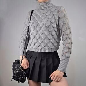 Gray Cropped Turtleneck Open Textured Knit Sweater Size Small